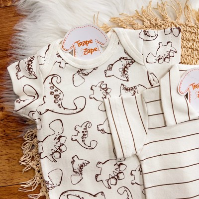 Conj. de Malha 3 peças - Dinos - Off White e Caramelo